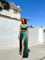 Green satin halter set