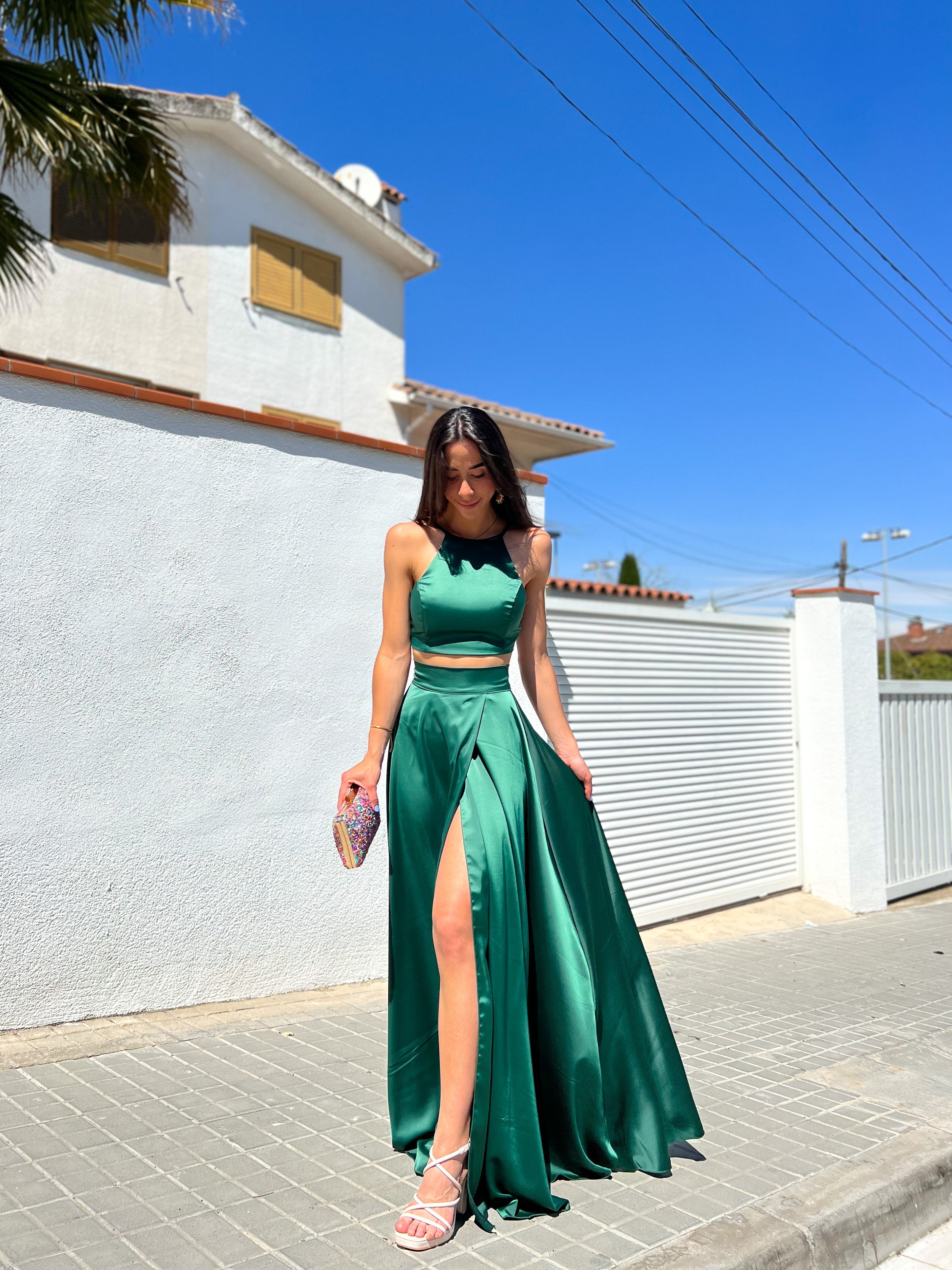 Green satin halter set