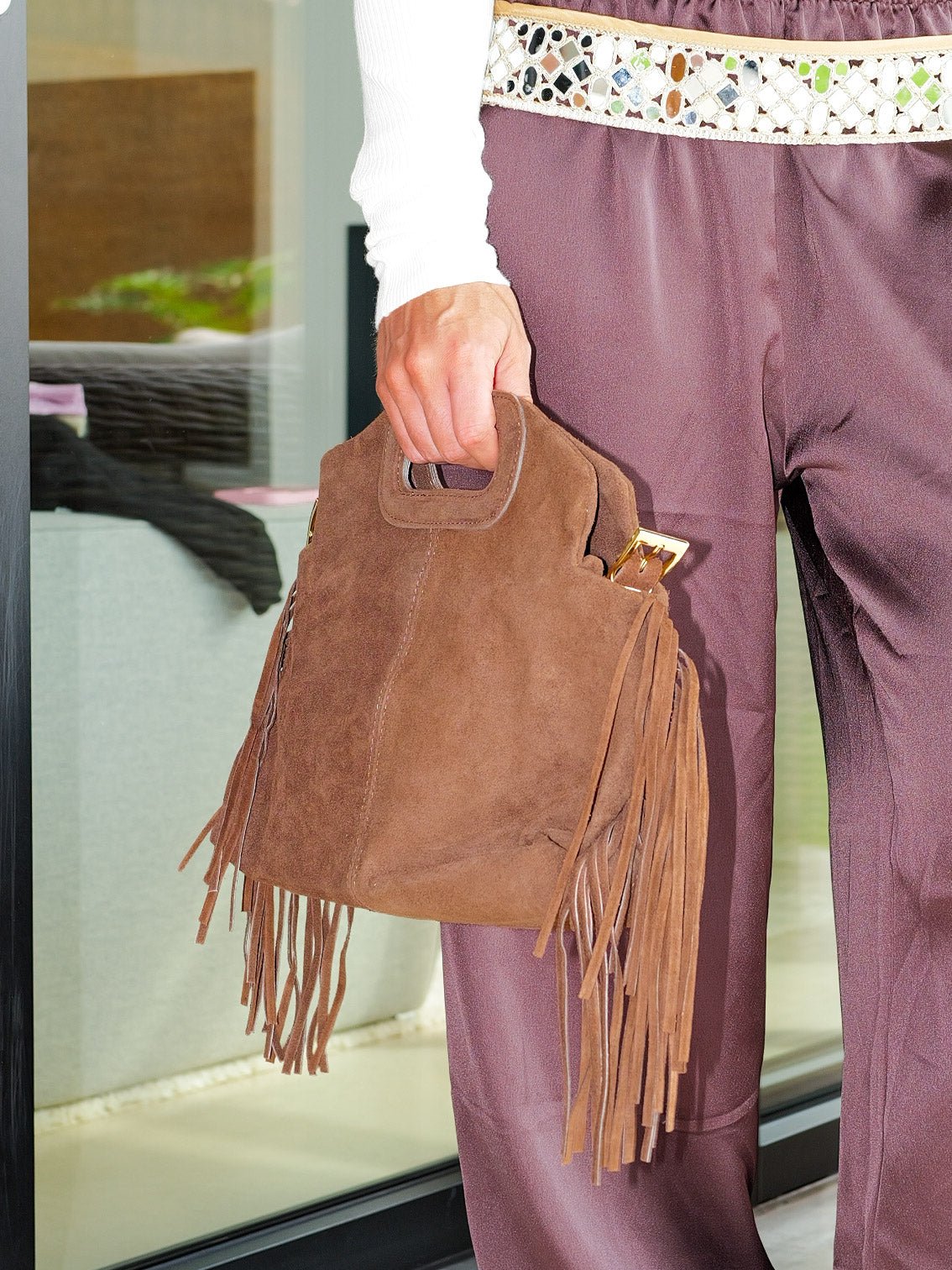 Plain chocolate leather bag with fringes - Sorellas The Brand Barcelona S.L