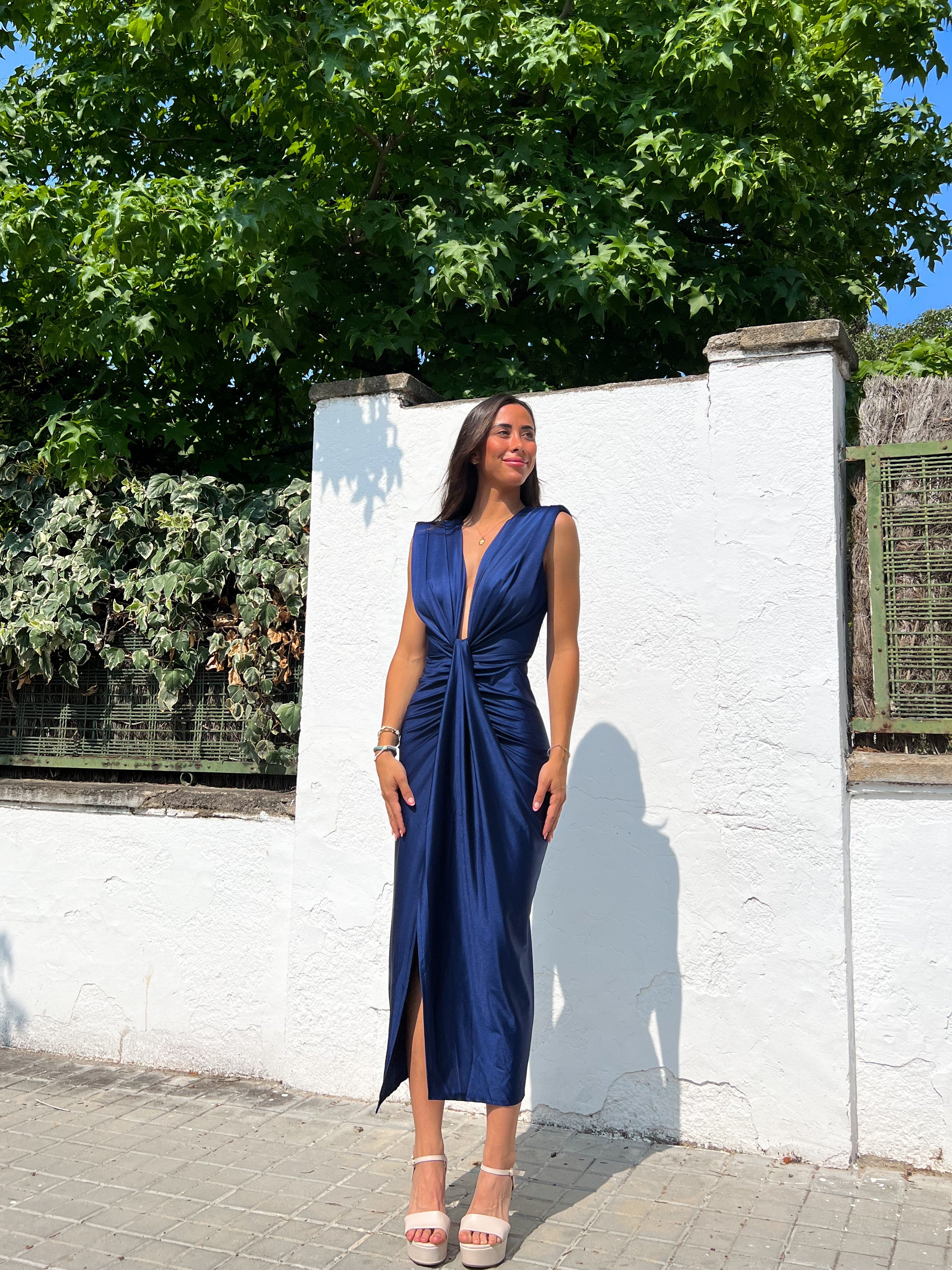 Navy bow neckline dress