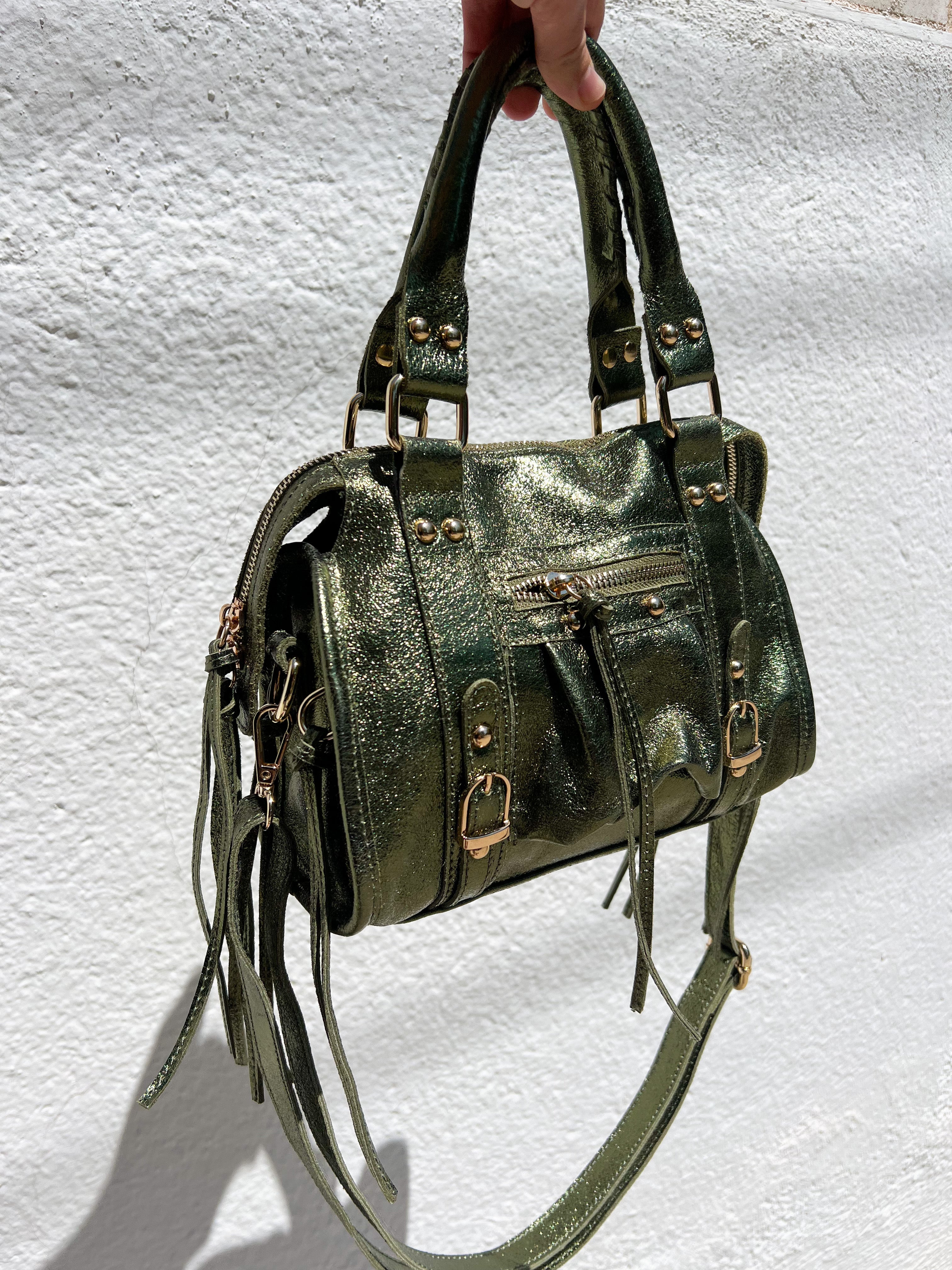 Khaki shiny leather buckles bag