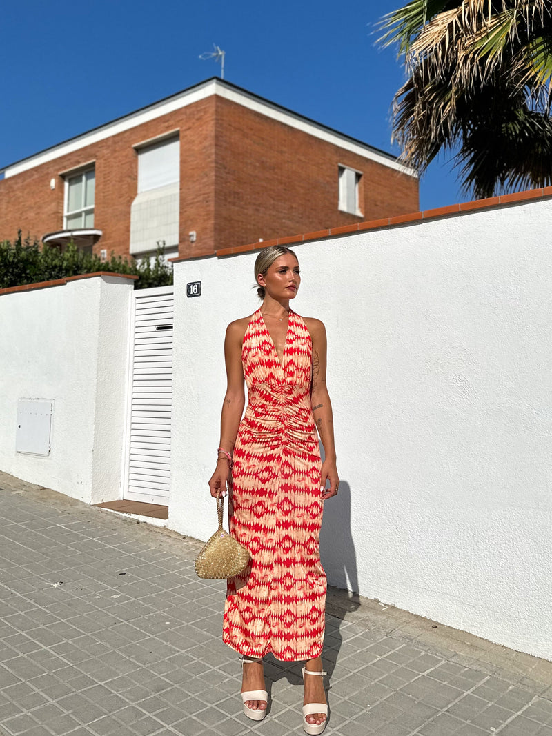 Red printed gathered dress