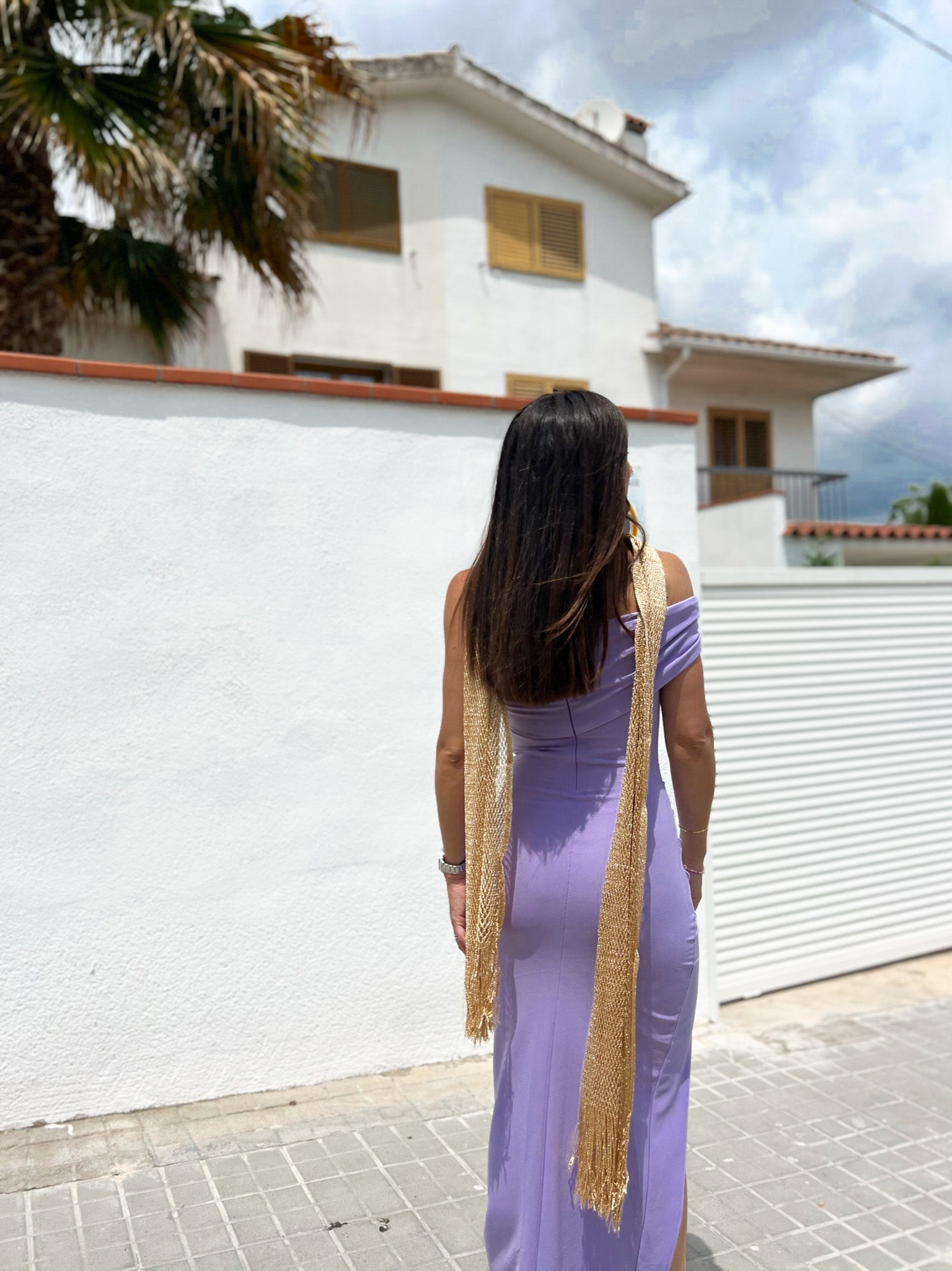 Metallic gold fringed shawl