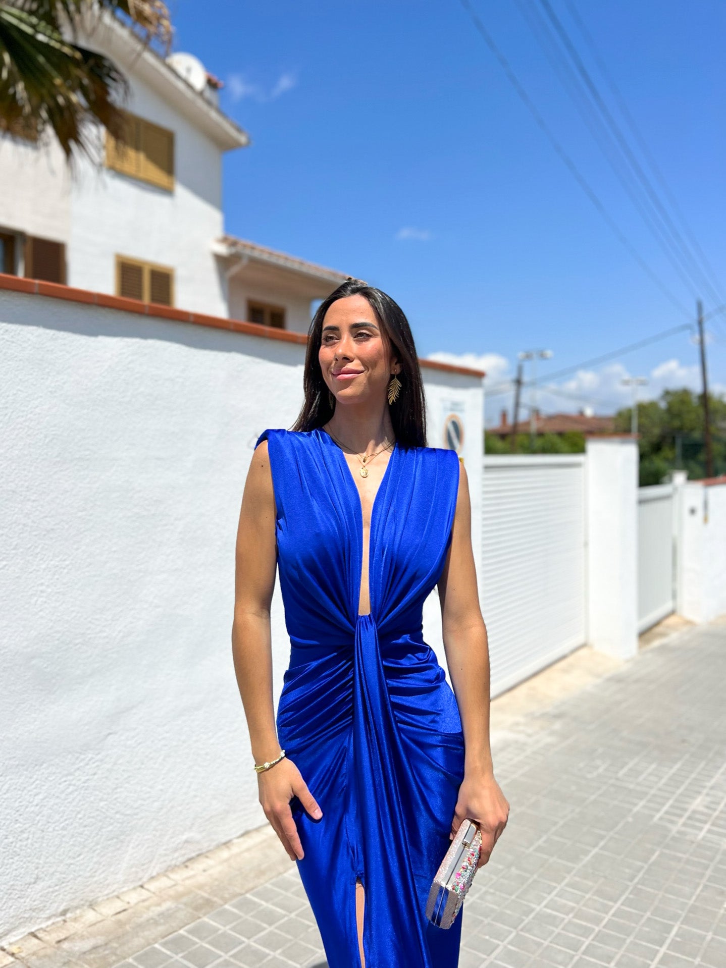 Blue bow neckline dress