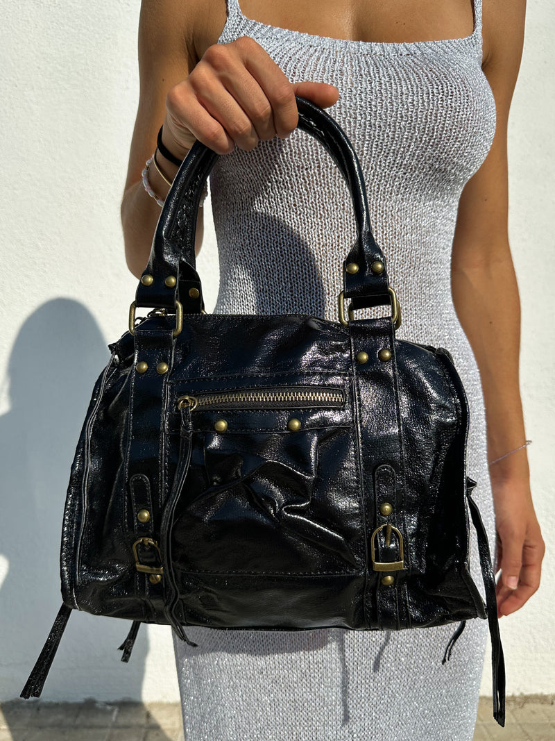 Black vegan maxi buckle bag