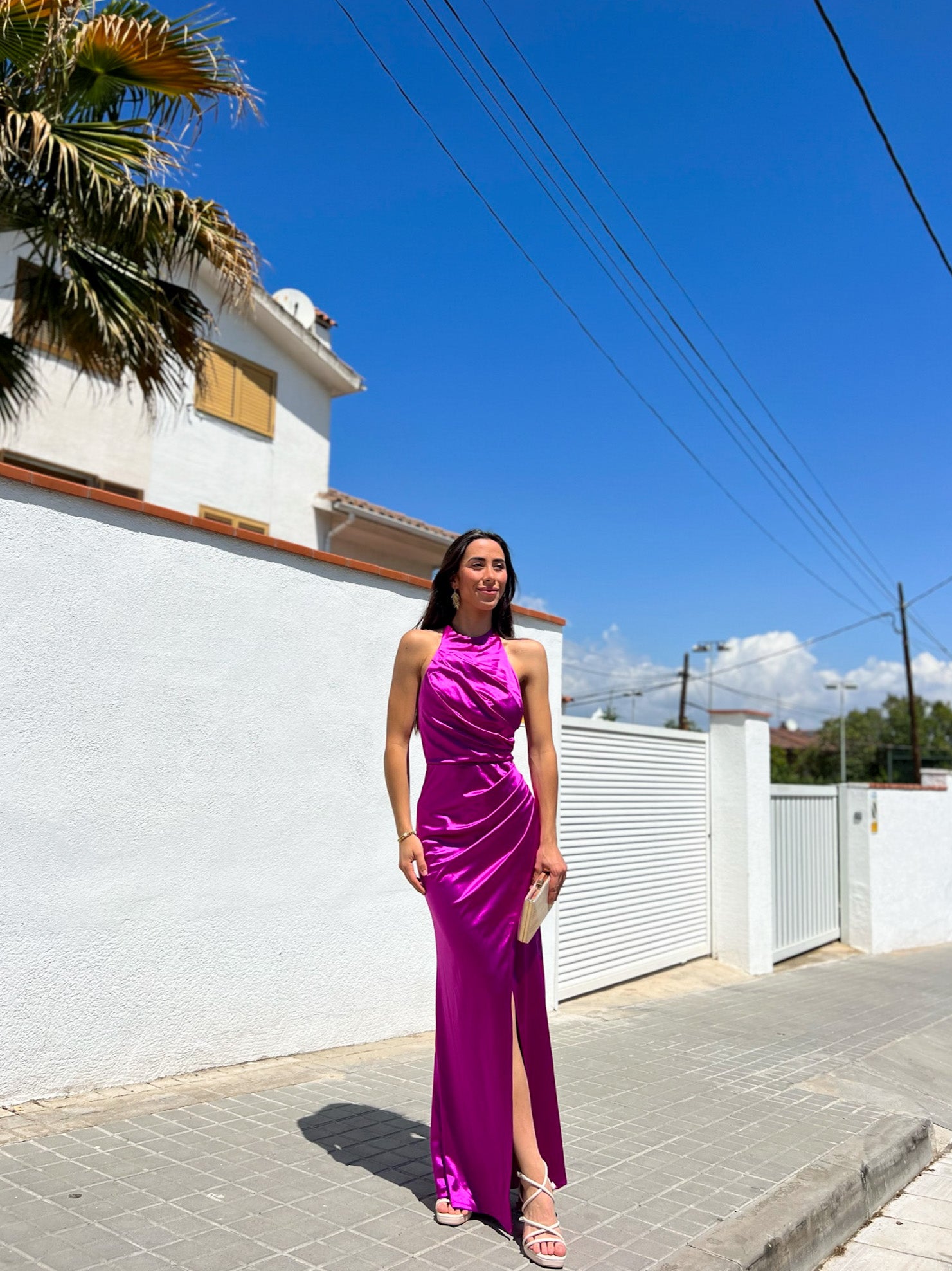 Draped halter long dress yellow