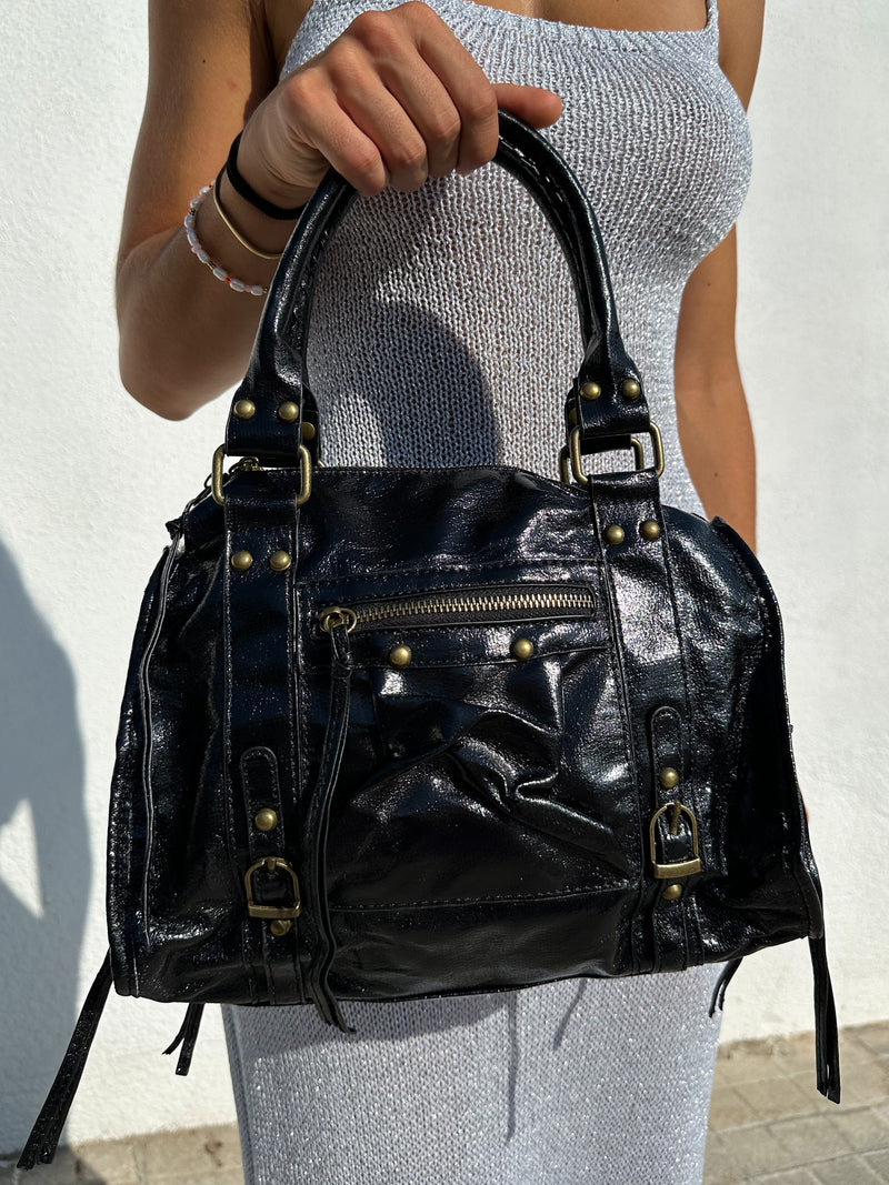 Black vegan maxi buckle bag