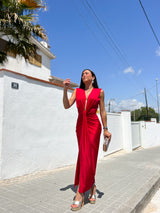 Red bow neckline dress