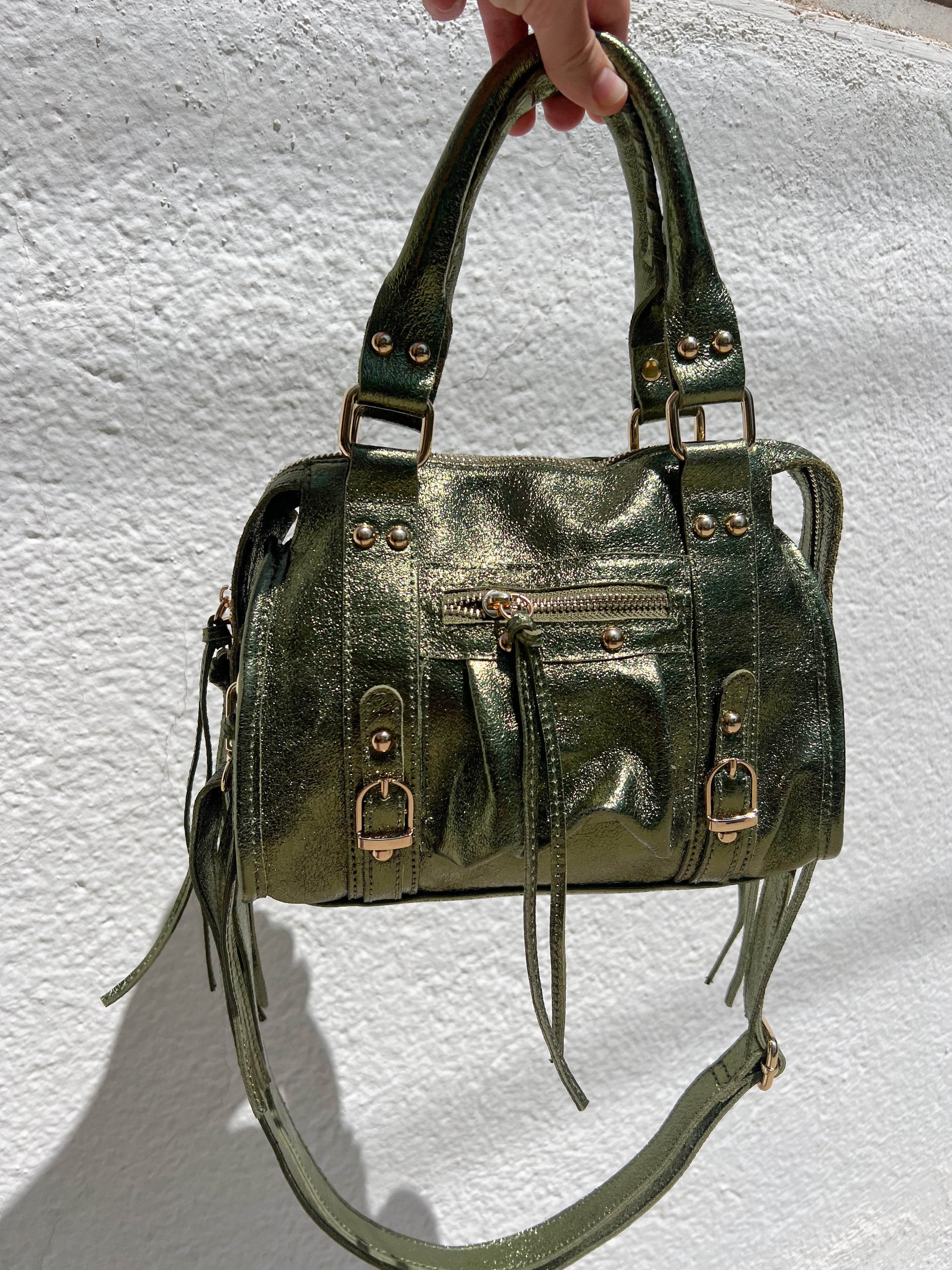 Khaki shiny leather buckles bag