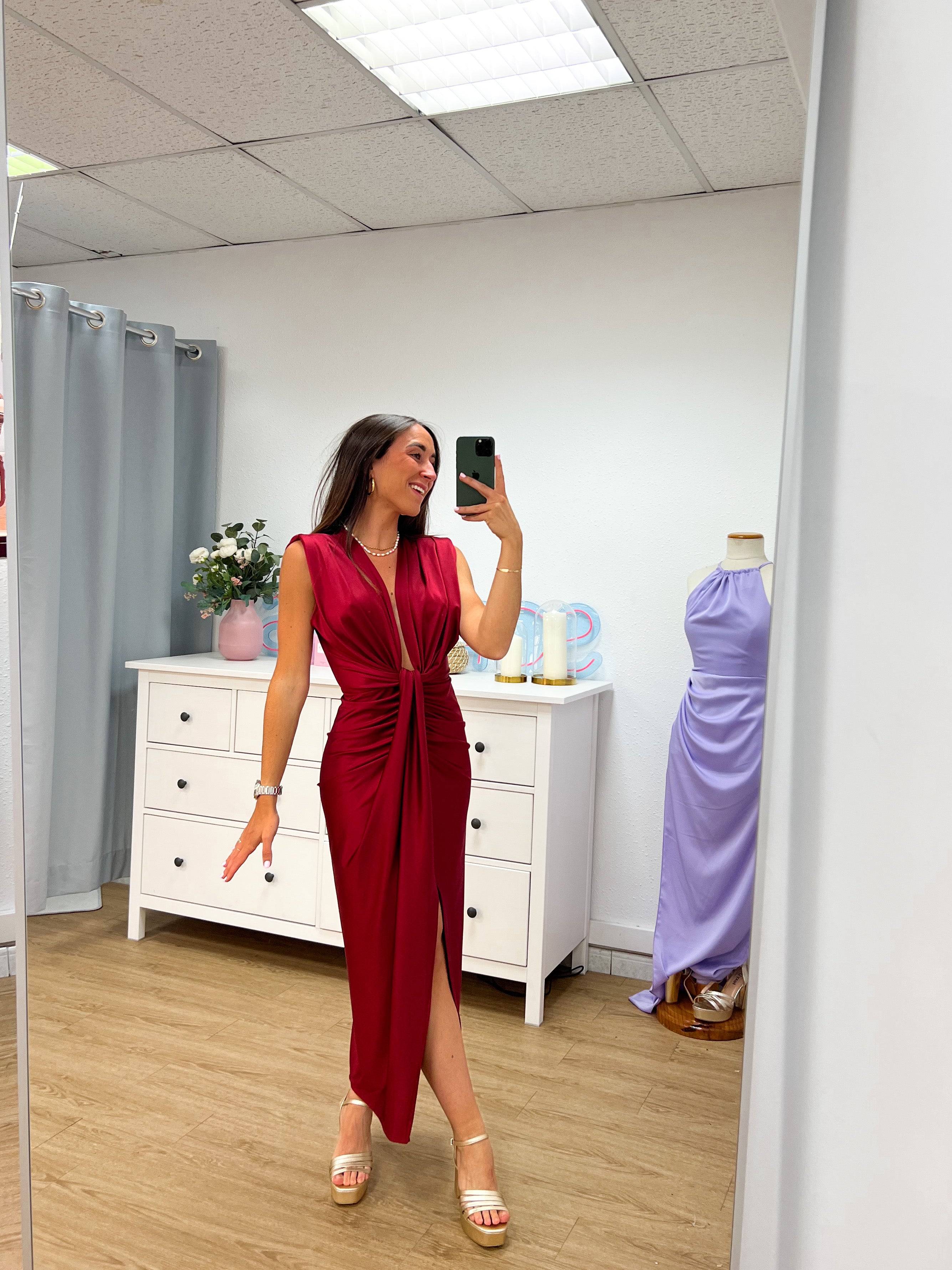 Burgundy bow neckline dress