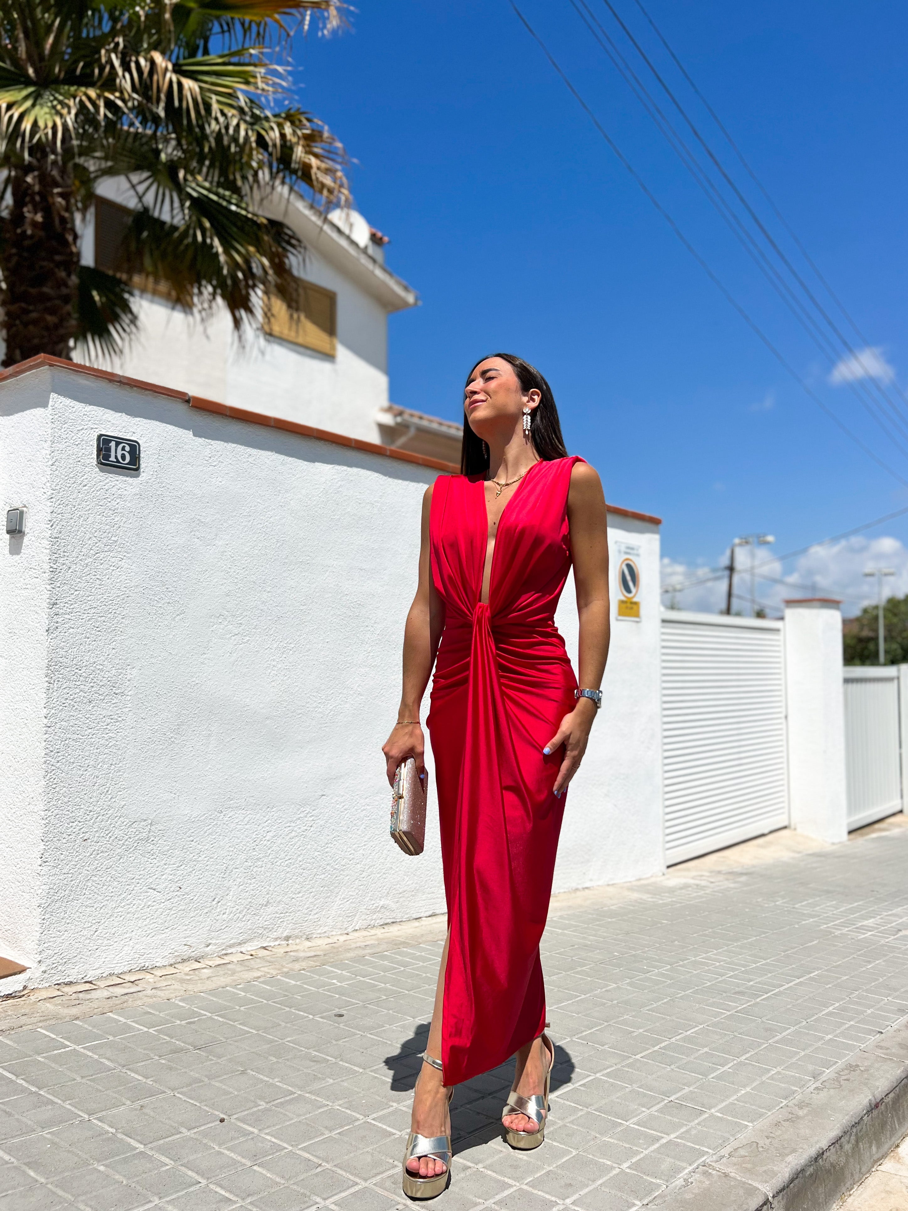 Red bow neckline dress