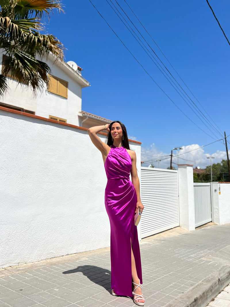 Draped halter long dress yellow