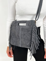 Gray fringed leather bag