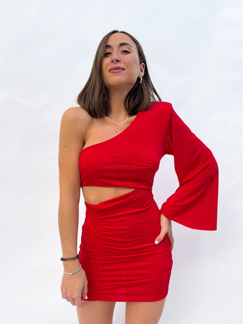 Red asymmetric mini dress