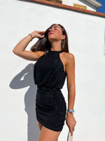 Black lurex halter dress