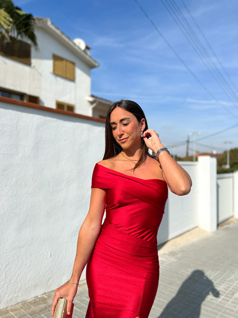 Red asymmetric boat dress