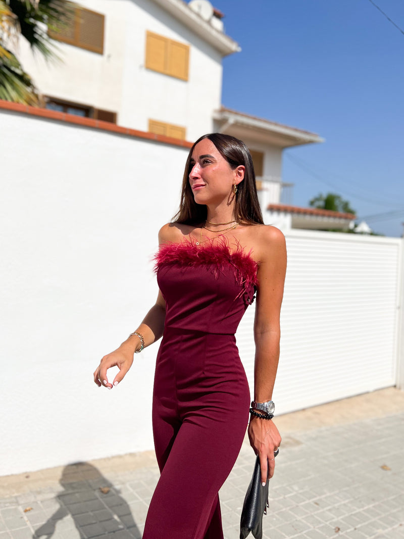 Burgundy feather jumpsuit