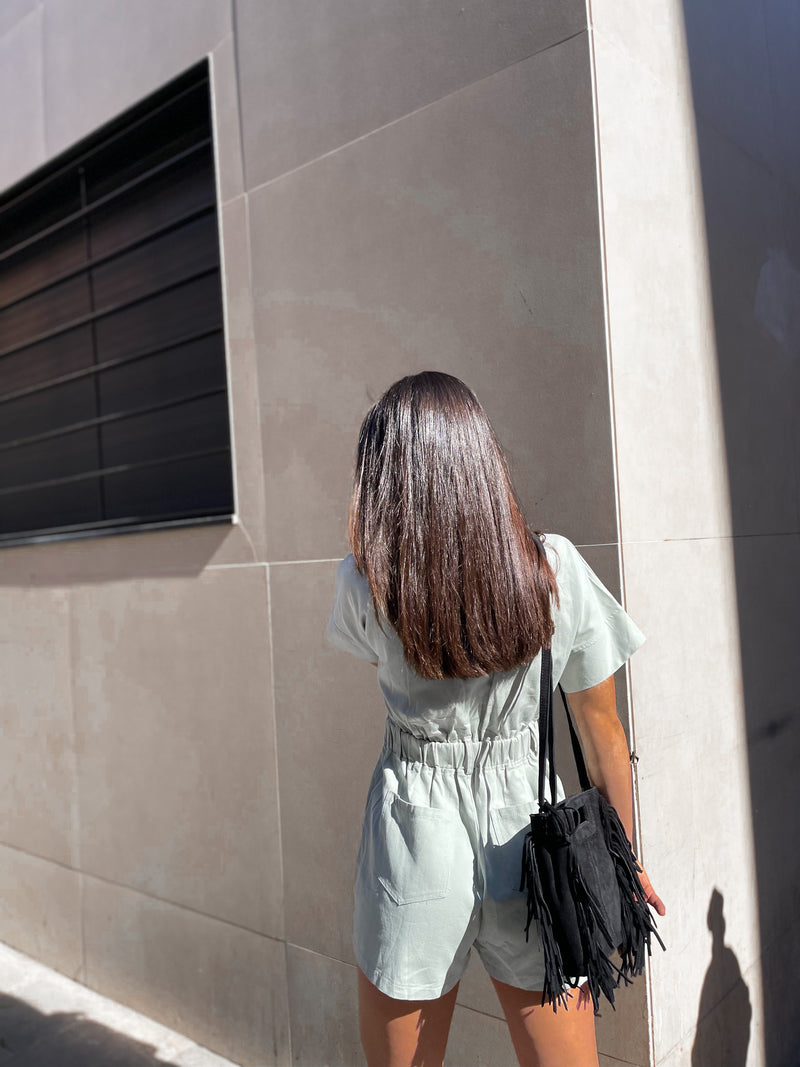 Black fringed leather bag