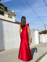 Red asymmetric boat dress