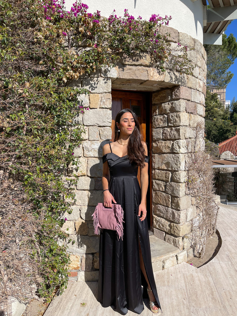 Black satin boat dress