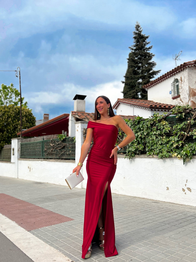 Asymmetrical burgundy boat dress