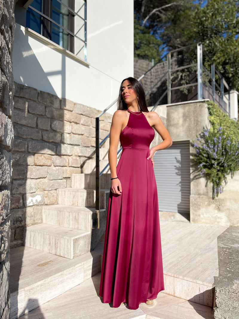 Burgundy satin halter dress