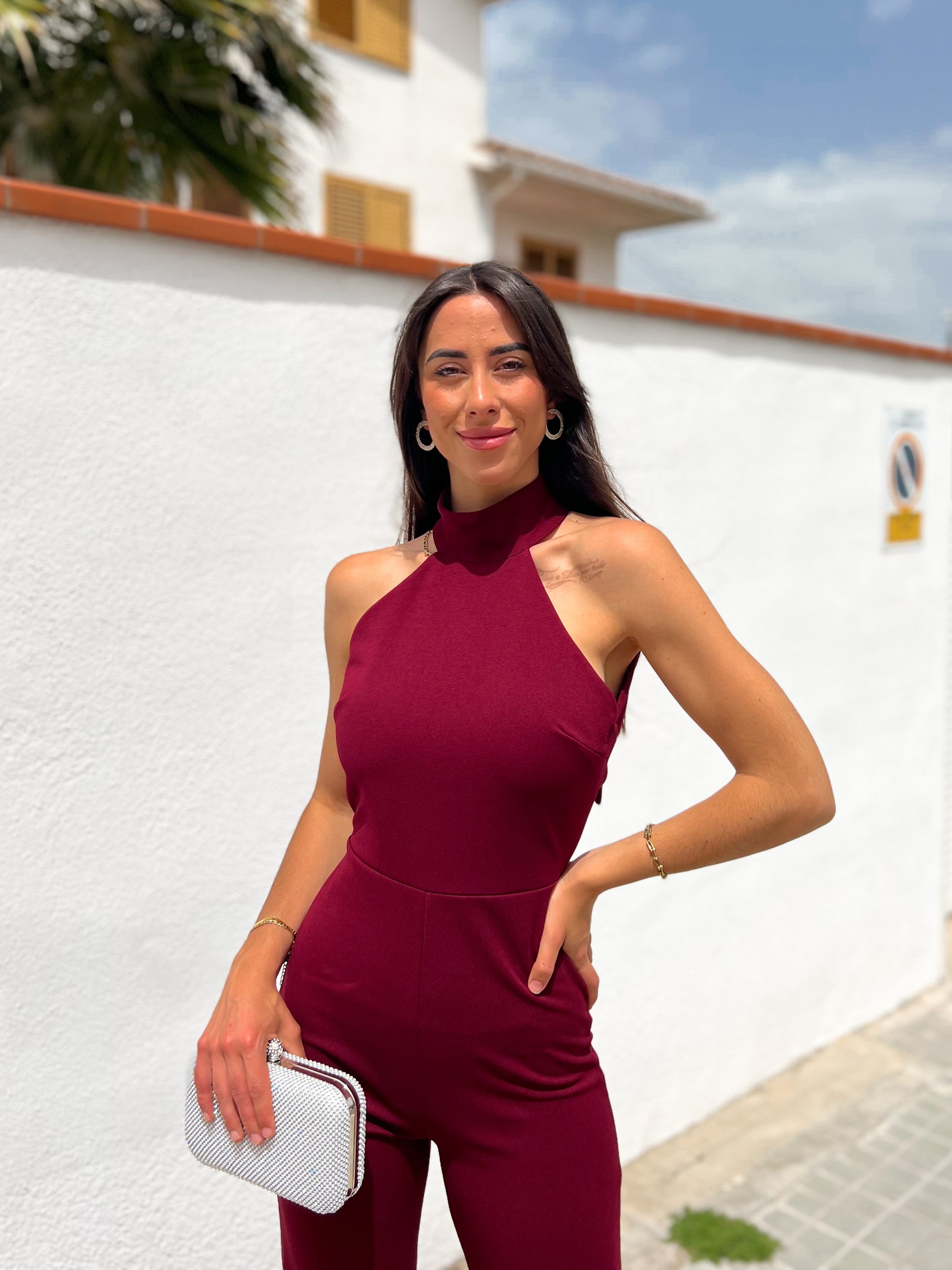 Wine crepe halter jumpsuit