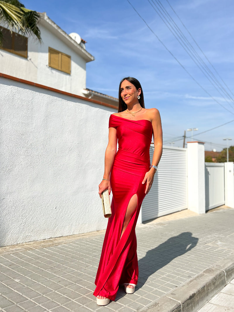 Red asymmetric boat dress