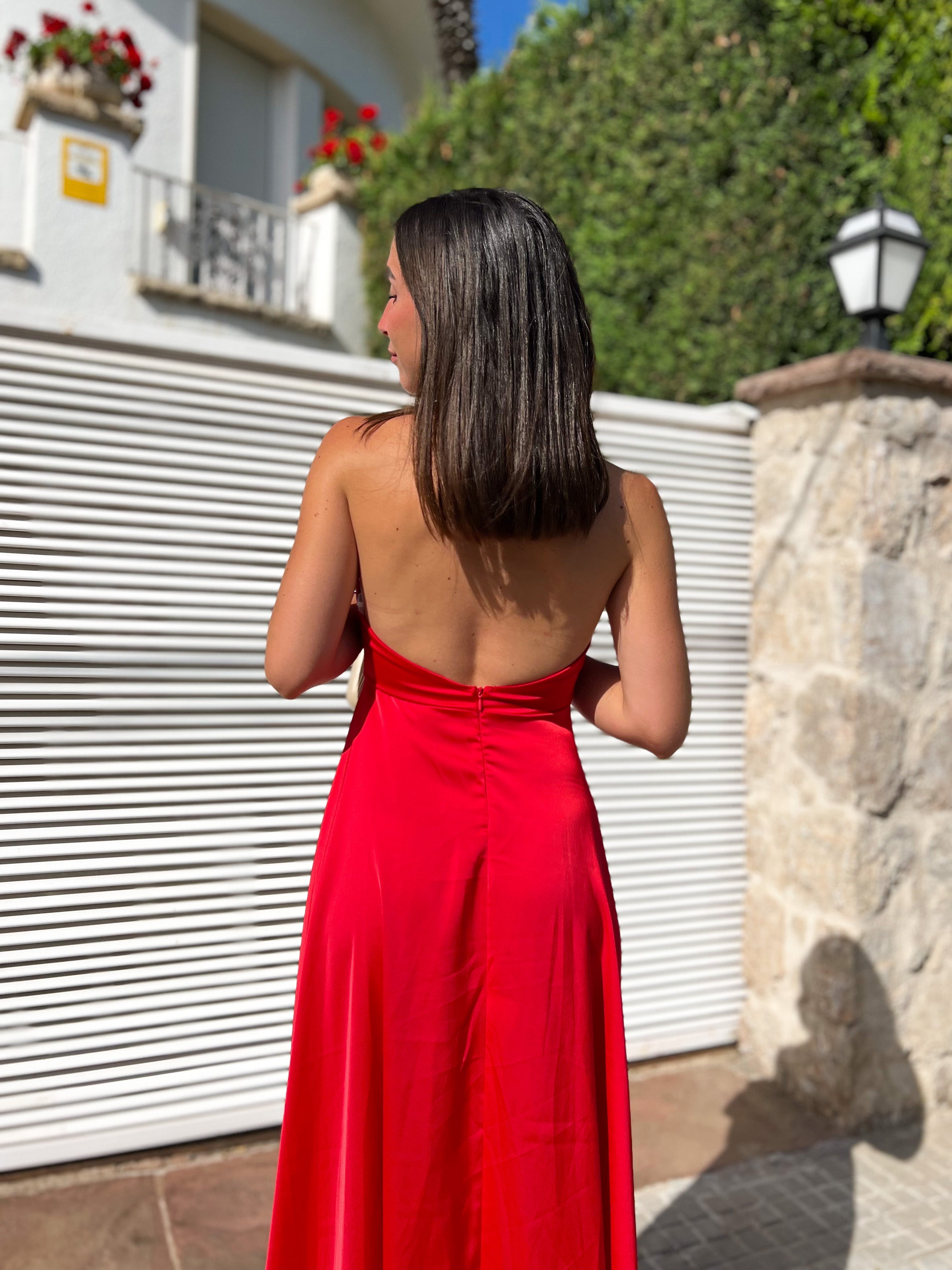 Red satin halter dress