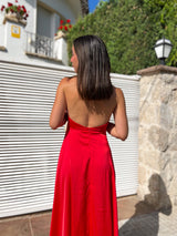 Red satin halter dress