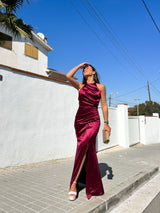 Long burgundy draped halter dress