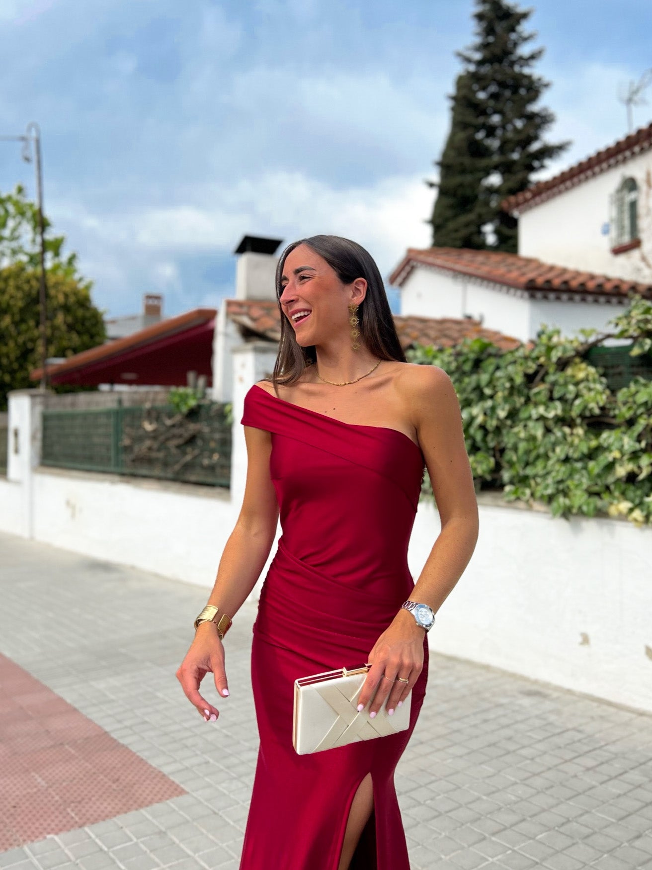 Asymmetrical burgundy boat dress