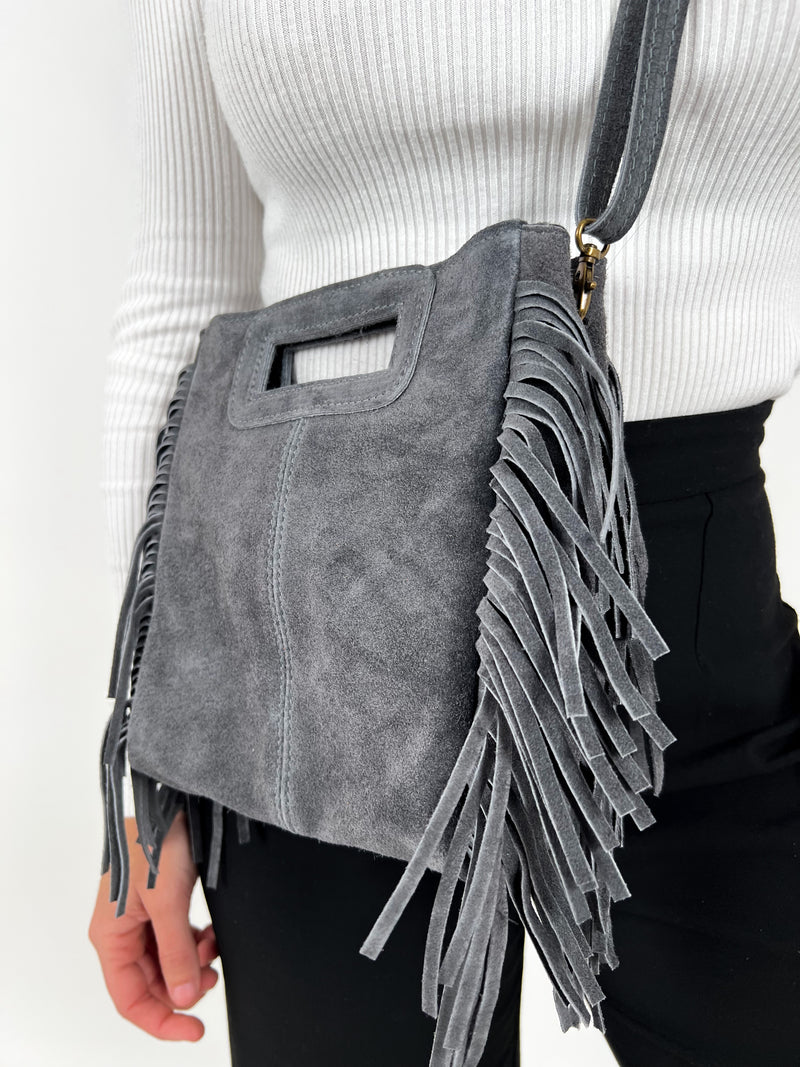 Gray fringed leather bag