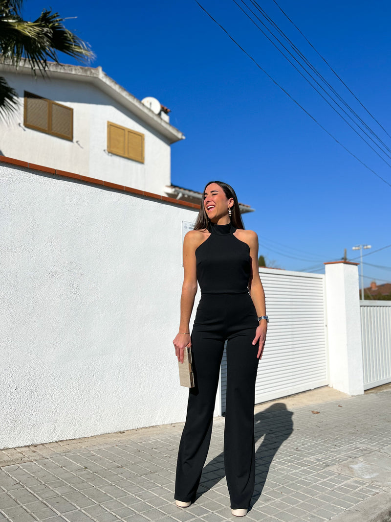 Black crepe halter jumpsuit