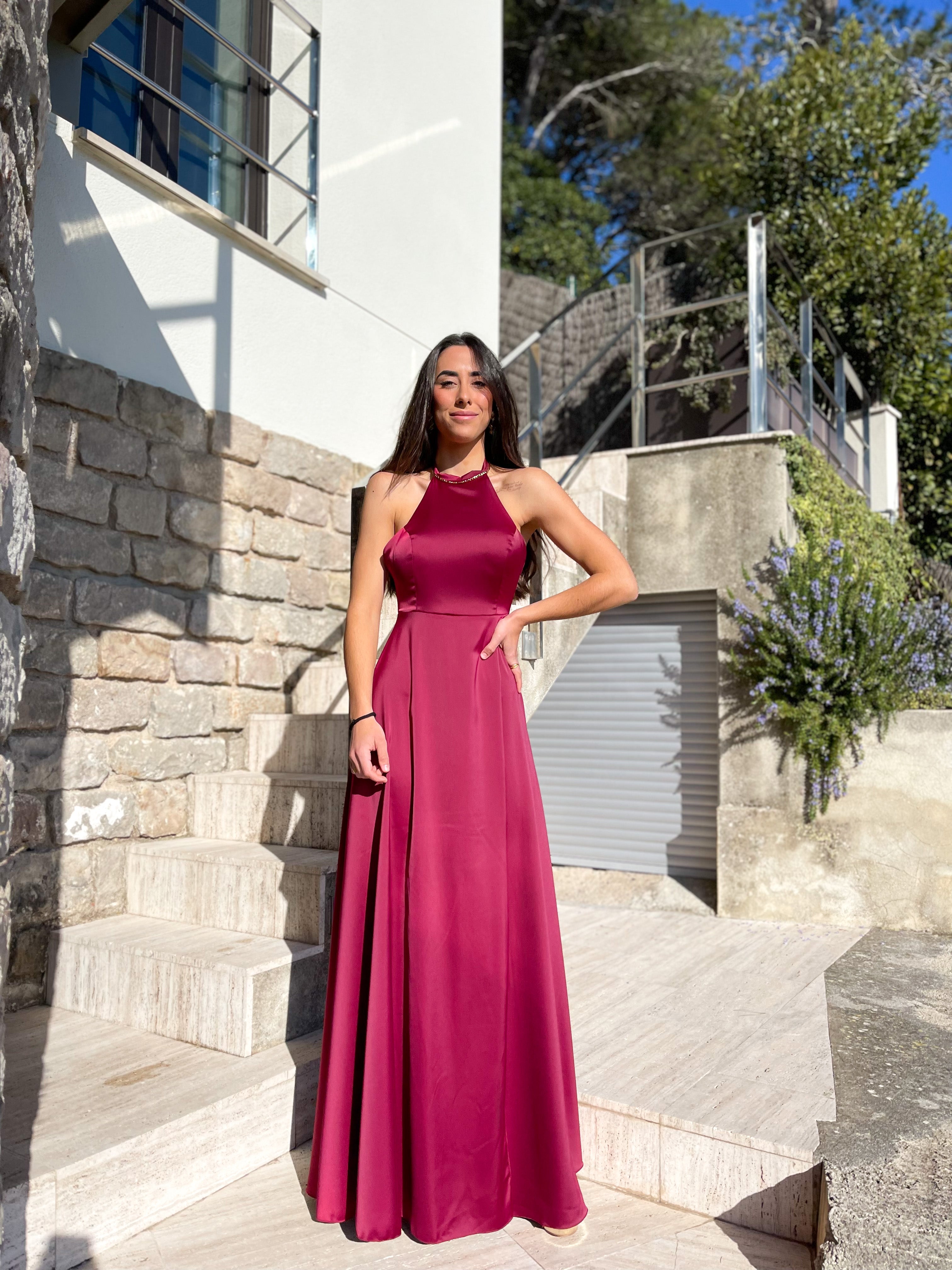 Burgundy satin halter dress