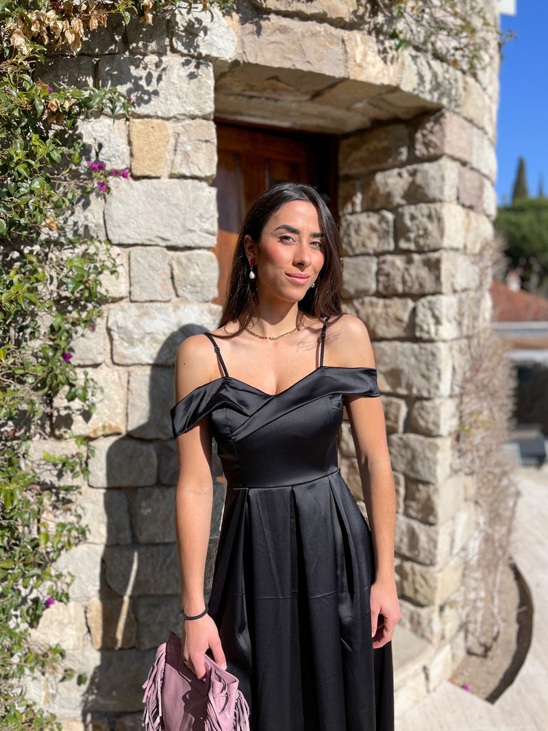 Black satin boat dress