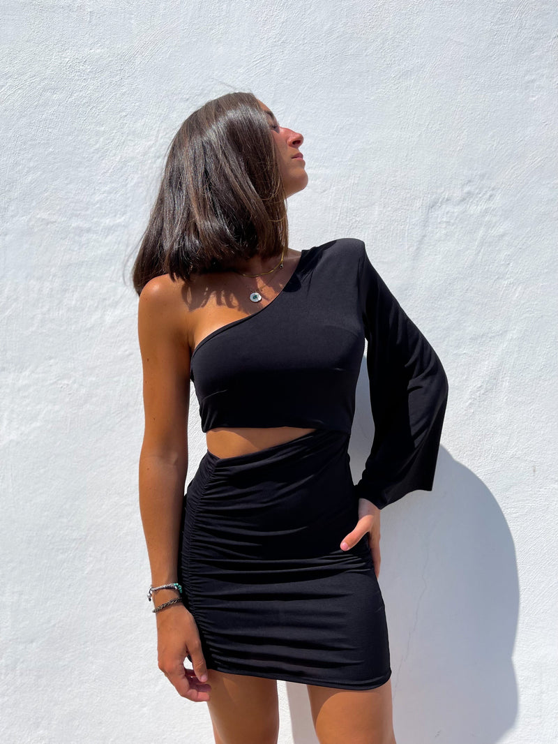 Black asymmetric mini dress