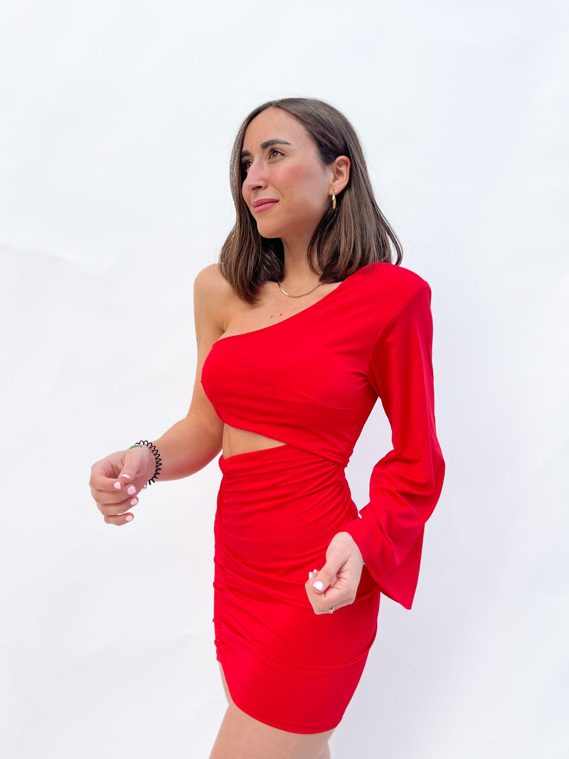 Red asymmetric mini dress