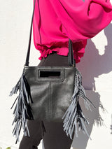 Black fringed smooth leather bag