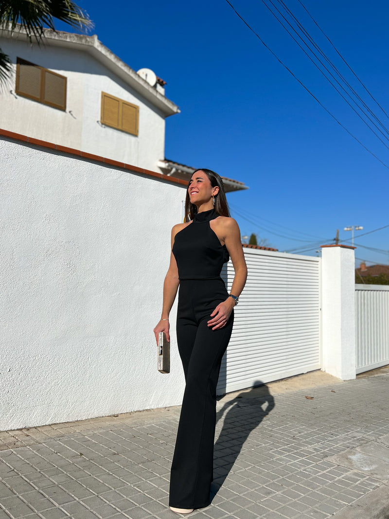 Black crepe halter jumpsuit