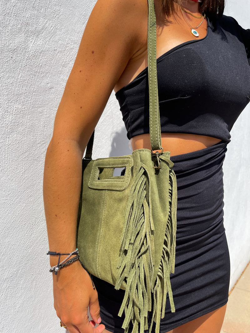 Khaki fringed leather bag