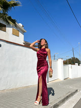 Long burgundy draped halter dress