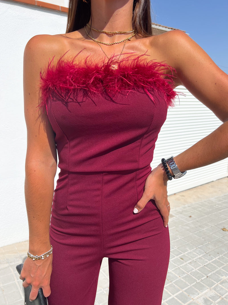 Burgundy feather jumpsuit