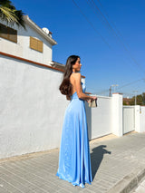 Light blue satin halter dress