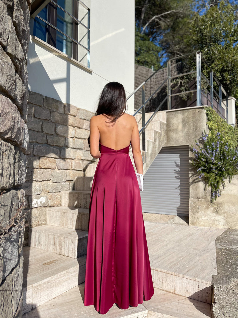 Burgundy satin halter dress