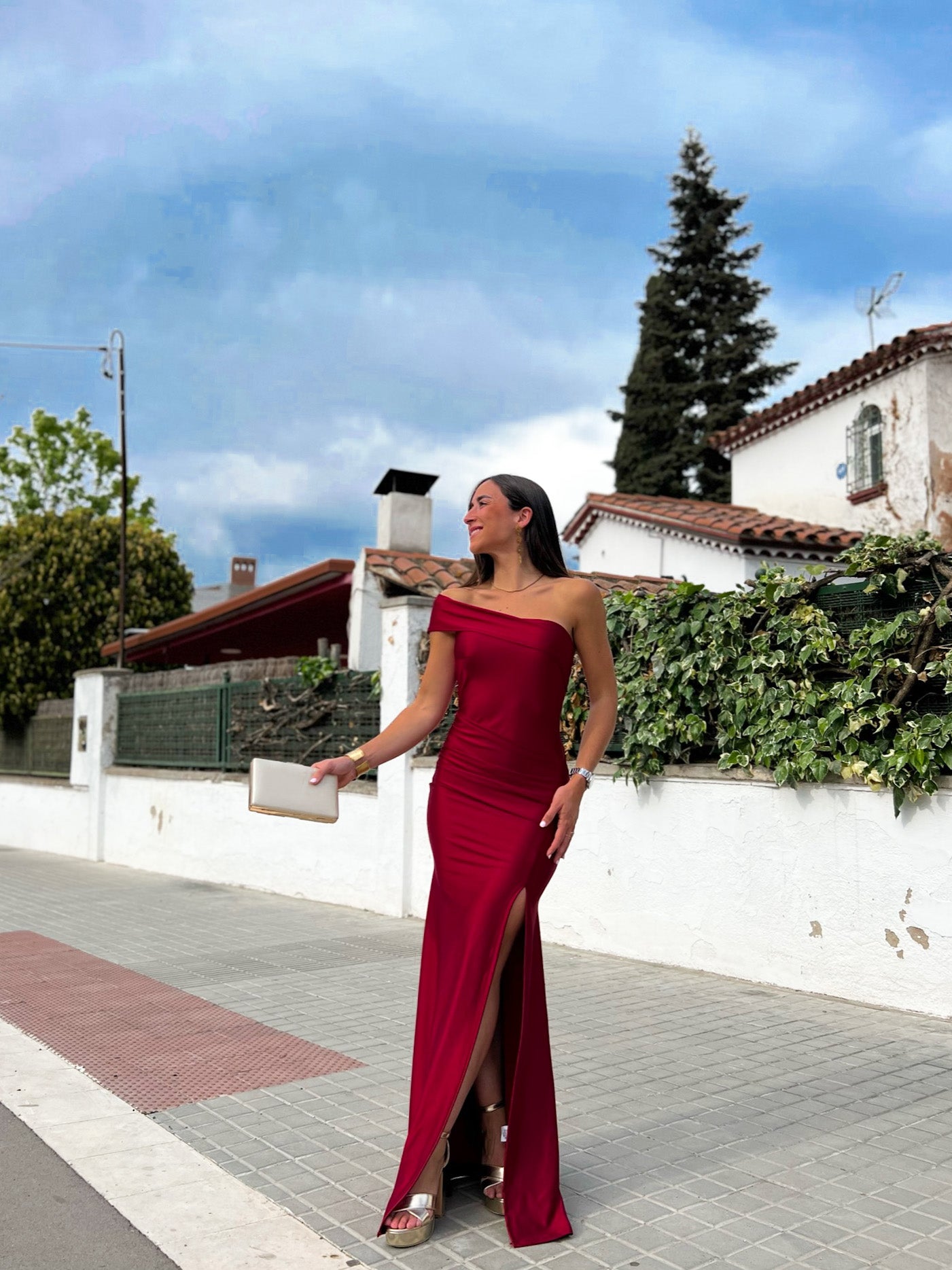 Asymmetrical burgundy boat dress