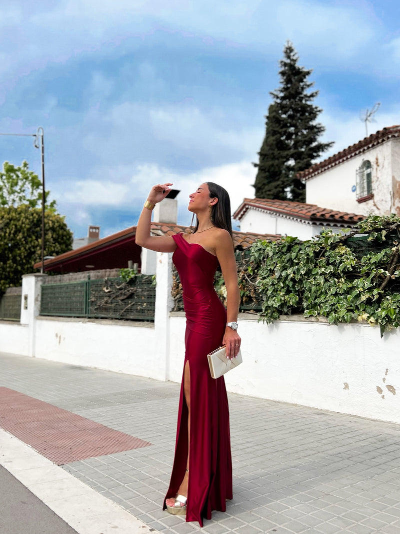 Asymmetrical burgundy boat dress