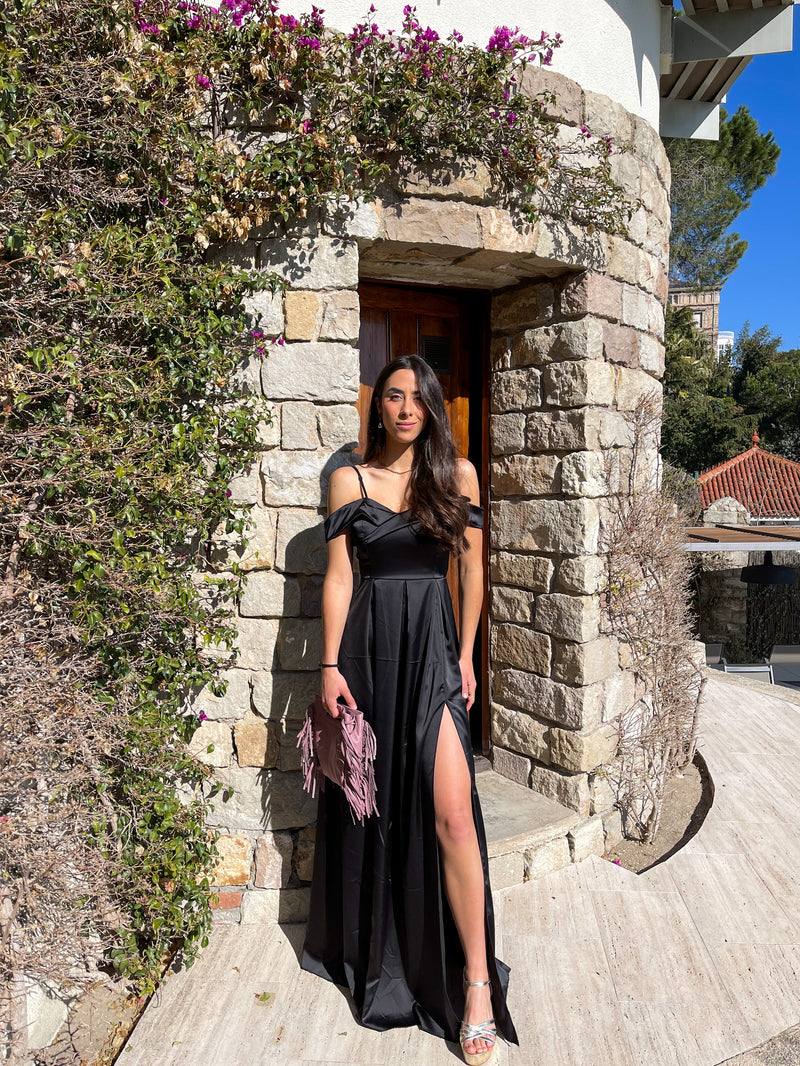 Black satin boat dress