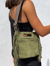 Khaki fringed leather bag