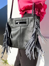 Black fringed smooth leather bag